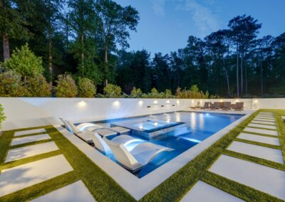Finished pool and paved terrace at the Cahaba Living project